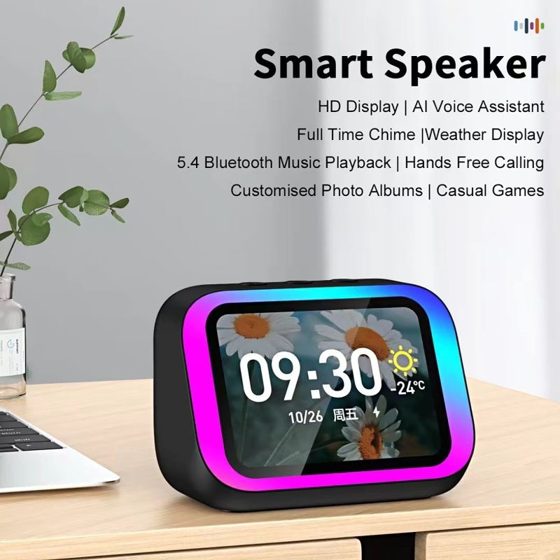 Smart Home Speaker - AI音声アシスタント Bluetoothスピーカー RGBカラー照明付き目覚まし時計 LEDスクリーン天気時計表示 電子スピーカー
