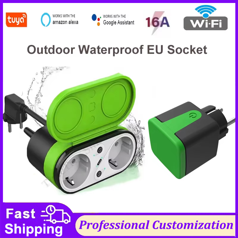 Wifi Smart Plug - Tuya EU 16A Wifiスマート屋外プラグスイッチソケットIP44防水スマートダブルソケットタイマーAPP音声制御 Alexa Google対応