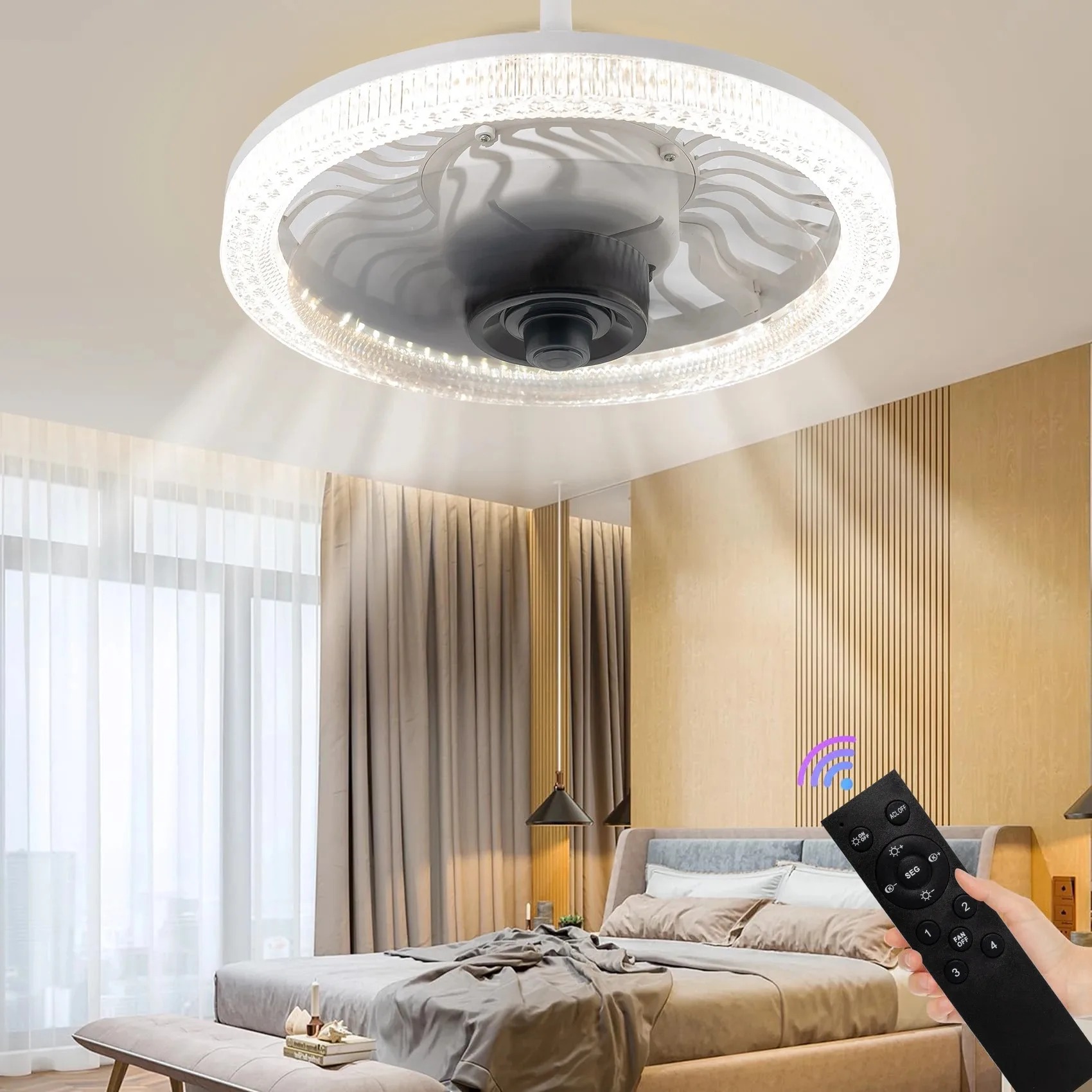 Smart Home Living Room - スマート LED シーリングファンライト リモコン付き 調光可能 E27
