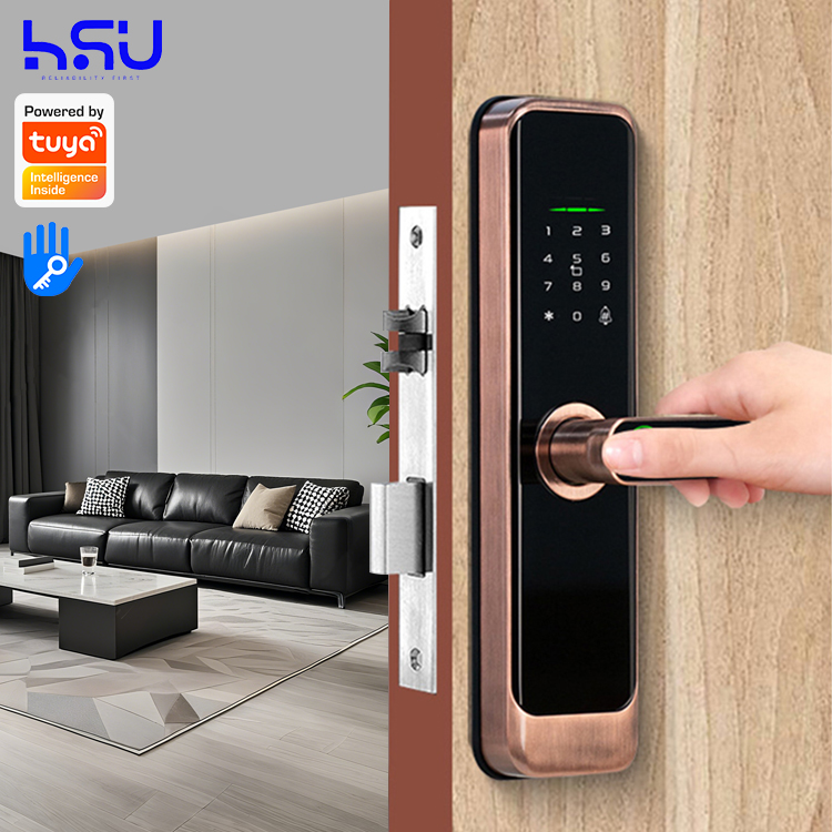 Smart Door Lock - デジタルスマートドアロックパスコード付き木製小型電子ミニ指紋認証木製セキュリティドアハンドルロック