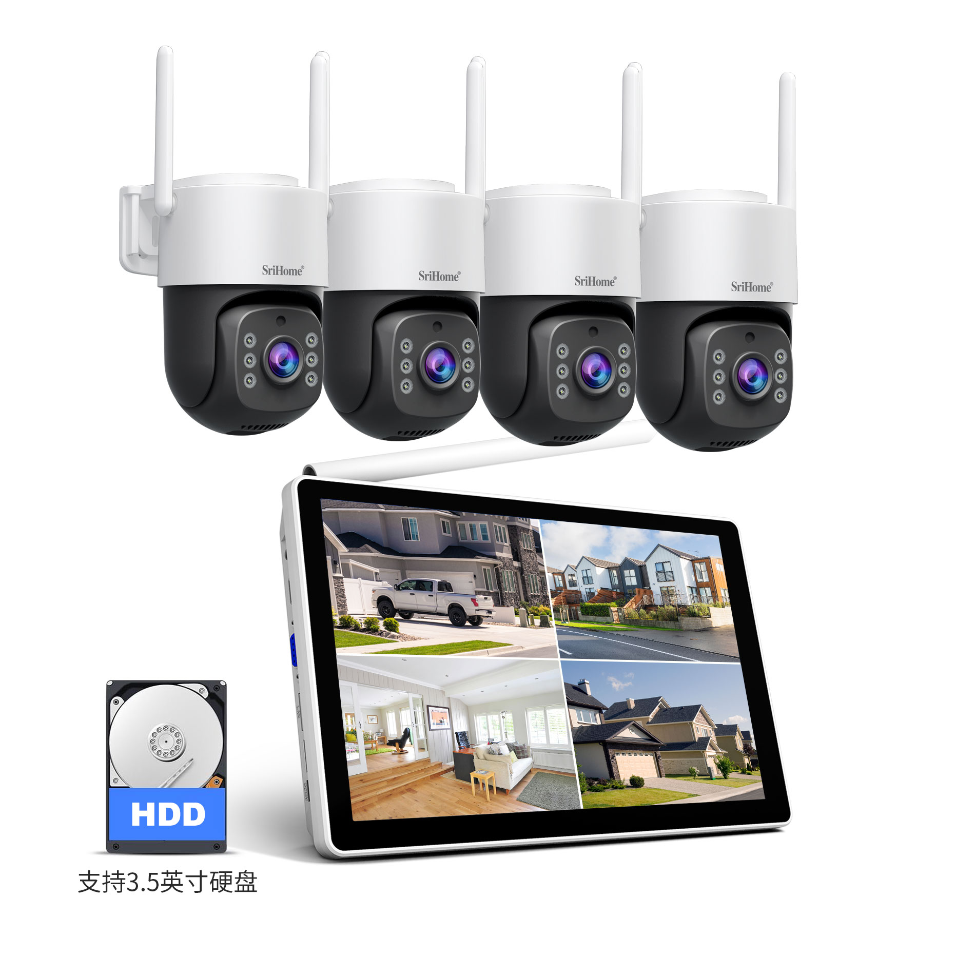Security Ip Camera - Srihome NVS012-IPC056 5MP IPカメラ 10.1インチIPSスクリーン 4CHフルカラーNVRキット