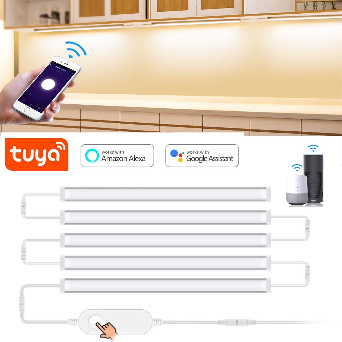Smart Home Theater - Tuya-キャビネットランプの下にあるスマートLED,キッチン照明,ワードローブ,クローゼット,食器棚用のwifiウォールライト,AlexaとGoogleHomeで動作,1〜5ユニット