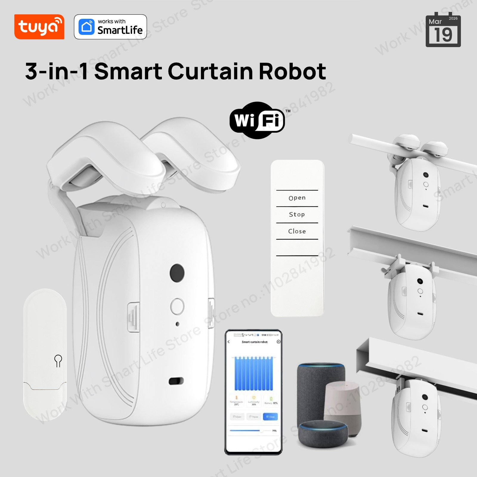 Smart Home Vimar - 1/2個入り Tuya スマートWiFiカーテンロボット (1個はハブ付き) ローマンロッドトラック用 -