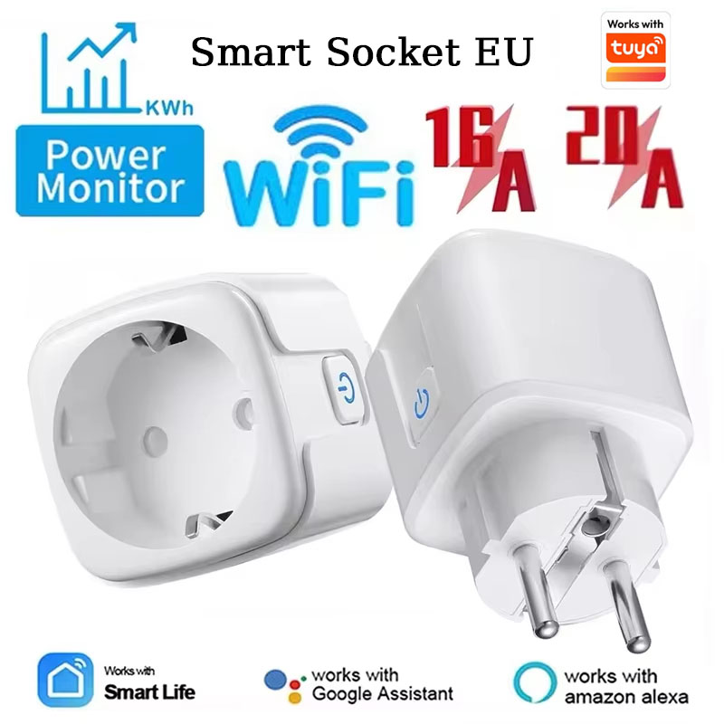 Smart Home Living Room - WiFi スマートプラグ 16A/20A EU スマートソケット、電力監視タイミング機能付き、Tuya スマートライフアプリと連携、音声制御可能