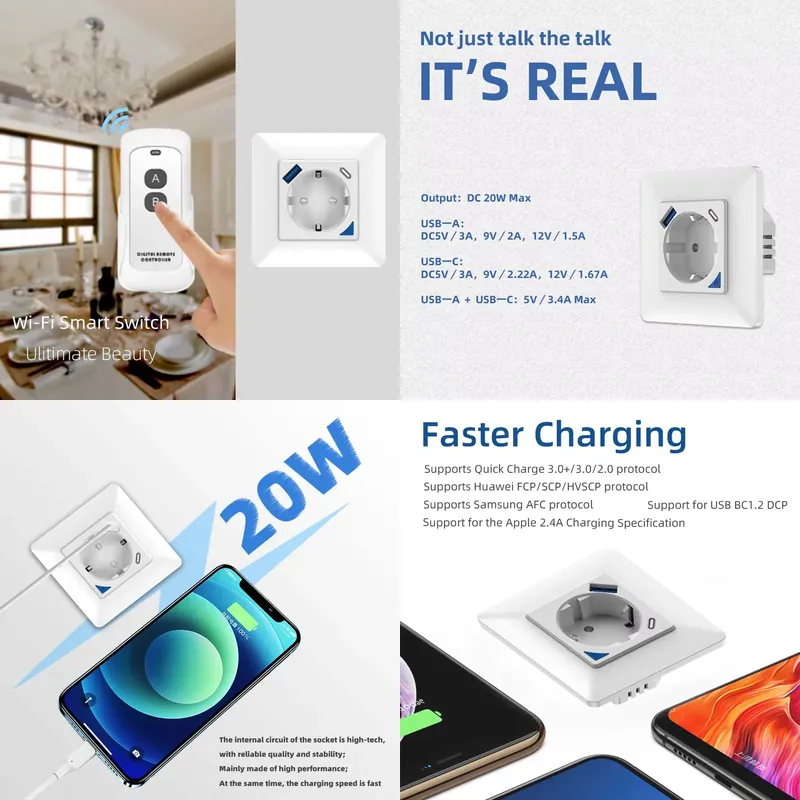Wifi Smart Plug - アプリ対応スマートリモコンEU規格電源16AスマートWiFi内蔵コンセントUSB急速充電付き