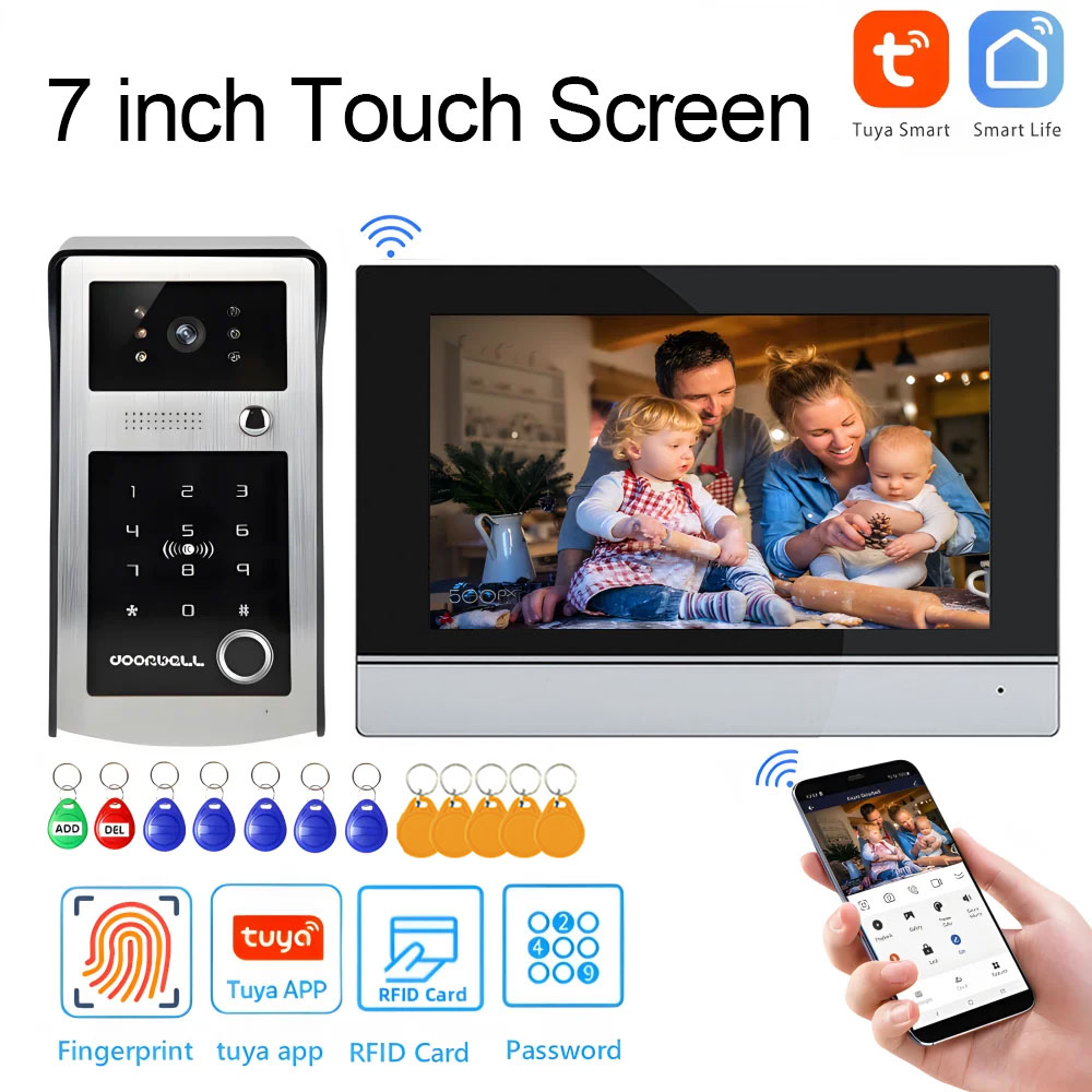 Smart Home Video Doorphone Ezviz - Wifi Tuya 7インチタッチスクリーンWifiビデオドアベルスマートホームビデオインターホンキットHDカメラAPP指紋パスワードロック解除機能追加