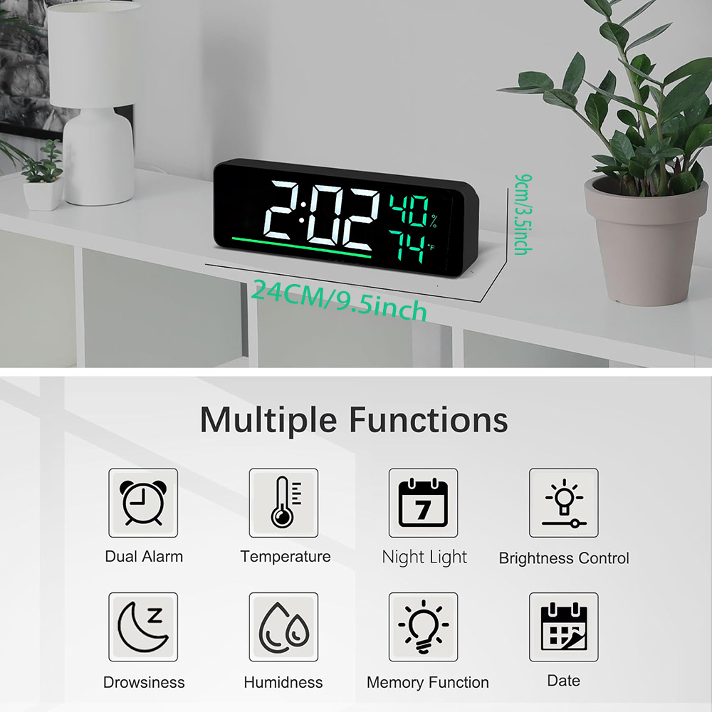 LEDデジタル壁掛け時計 温度・湿度表示付き 特大9.5イン - Smart Home Living Room のレビューと価格